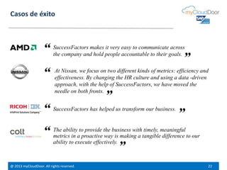 @ 2013 myCloudDoor. All rights reserved. 22
Casos de éxito
The ability to provide the business with timely, meaningful
metrics in a proactive way is making a tangible difference to our
ability to execute effectively.
SuccessFactors has helped us transform our business.
SuccessFactors makes it very easy to communicate across
the company and hold people accountable to their goals.
At Nissan, we focus on two different kinds of metrics: efficiency and
effectiveness. By changing the HR culture and using a data -driven
approach, with the help of SuccessFactors, we have moved the
needle on both fronts.
“
“
“
”
”
”
“
”
 