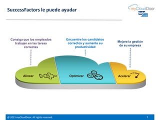 @ 2013 myCloudDoor. All rights reserved. 7
SuccessFactors le puede ayudar
Consiga que los empleados
trabajen en las tareas
correctas
Encuentre los candidatos
correctos y aumente su
productividad
Mejore la gestión
de su empresa
Alinear Optimizar Acelerar
 