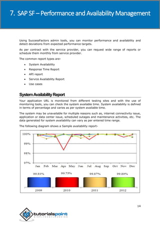 SAP SuccessFactors
14
Using SuccessFactors admin tools, you can monitor performance and availability and
detect deviations from expected performance targets.
As per contract with the service provider, you can request wide range of reports or
schedule them monthly from service provider.
The common report types are-
 System Availability
 Response Time Report
 API report
 Service Availability Report
 Use cases
SystemAvailabilityReport
Your application URL is monitored from different testing sites and with the use of
monitoring tools, you can check the system available time. System availability is defined
in terms of percentage and varies as per system available time.
The system may be unavailable for multiple reasons such as, internet connectivity issue,
application or data center issue, scheduled outages and maintenance activities, etc. The
data generated for system availability can vary as per entered time range.
The following diagram shows a Sample availability report-
7. SAP SF – Performance and Availability Management
 