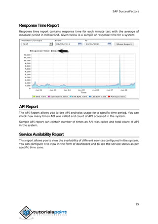 SAP SuccessFactors
15
ResponseTimeReport
Response time report contains response time for each minute test with the average of
measure period in millisecond. Given below is a sample of response time for a system-
APIReport
The API Report allows you to see API analytics usage for a specific time period. You can
check how many times API was called and count of API accessed in the system.
Sample API report can contain number of times an API was called and total count of API
in the system.
ServiceAvailabilityReport
This report allows you to view the availability of different services configured in the system.
You can configure it to view in the form of dashboard and to see the service status as per
specific time zone.
 