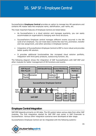 SAP SuccessFactors
45
SuccessFactors Employee Central provides an option to manage key HR operations and
contains HR master data like employee name, identification, user name, etc.
The most important features of Employee Central are listed below:
 As SuccessFactors is a cloud solution and manages quarterly, you can easily
accommodate an organization’s changing work force structure.
 SuccessFactors Employee central manages different events occurred in the life
cycle of an employee. You can track basic events like new hire, promotion, transfer
and new assignment, and other activities in Employee Central.
 Integration of SuccessFactors Employee Central to ERP is more robust and provides
better quality HR solution.
 It provides additional functionalities like increased cloud solution portfolio,
integration with third party products, outsourcing function, etc.
The following diagram shows the integration of SAP SuccessFactors with SAP ERP and
other modules for better management of HR functions and events.
EmployeeCentralIntegration
SAP ERP depends primarily on HR data. The HR system takes various data from other SAP
modules. The first integration started for SAP ERP cost center in SAP Financials to
SuccessFactor. Various other integration scenarios were developed at later stage.
SuccessFactors Employee Central can be integrated with the following systems-
16. SAP SF – Employee Central
 