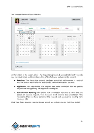 SAP SuccessFactors
51
The Time Off calendar looks like this-
At the bottom of the screen, a box - My Requests is present. It shows the time off requests
you have submitted and their status. One of the following status may be present.
 Pending: This shows that request has been submitted and approval is required
and the person responsible for approving it has not yet made a decision.
 Approved: This represents that request has been submitted and the person
responsible for approving has approved the request.
 Cancellation Pending: This shows that cancellation workflow is active and you
cancel an absence request. Your manager must approve the cancellation. This
represents that you have cancelled the request and approval is pending from
manager side.
Click View Team absence calendar to see who all are on leave during that time period.
 