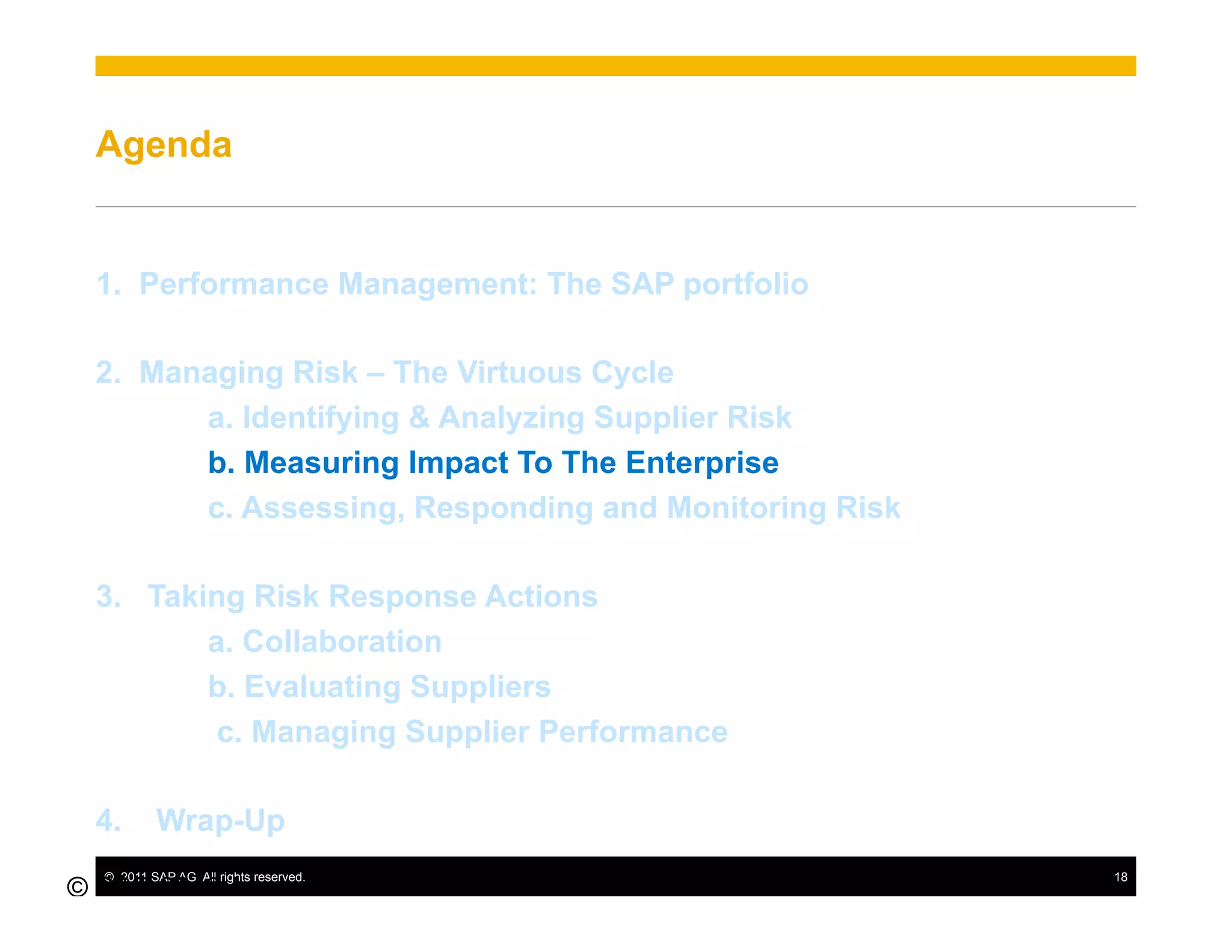 Agenda


  1.  Performance Management: The SAP portfolio

  2.  Managing Risk – The Virtuous Cycle
         a. Identifying & Analyzing Supplier Risk
         b. Measuring Impact To The Enterprise
         c. Assessing, Responding and Monitoring Risk

  3.  Taking Risk Response Actions
          a. Collaboration
          b. Evaluating Suppliers
           c. Managing Supplier Performance

  4.       Wrap-Up
  ©  2011 SAP AG. All rights reserved.                  18
© SAP 2010 /
18
 