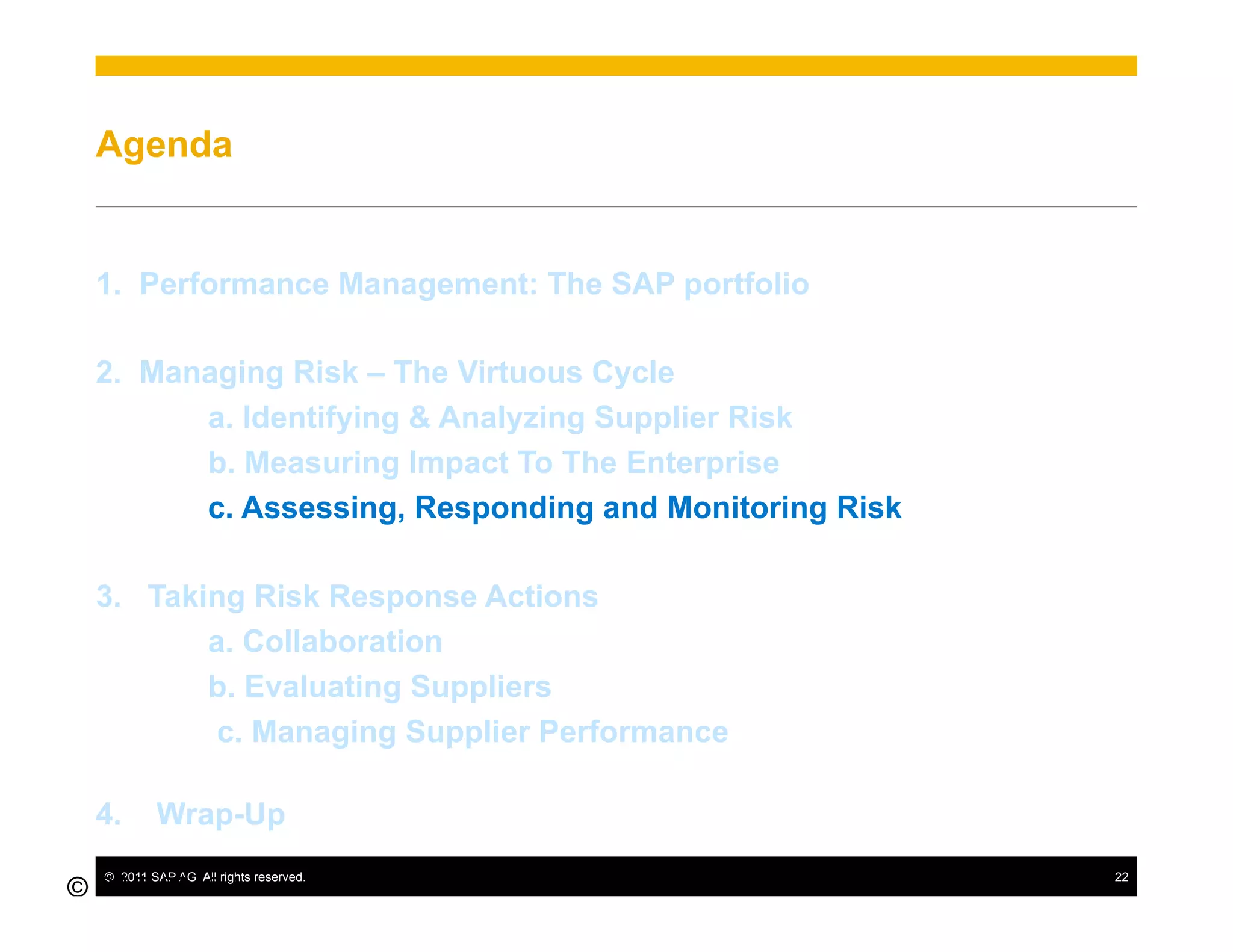Agenda


  1.  Performance Management: The SAP portfolio

  2.  Managing Risk – The Virtuous Cycle
         a. Identifying & Analyzing Supplier Risk
         b. Measuring Impact To The Enterprise
         c. Assessing, Responding and Monitoring Risk

  3.  Taking Risk Response Actions
          a. Collaboration
          b. Evaluating Suppliers
           c. Managing Supplier Performance

  4.       Wrap-Up
  ©  2011 SAP AG. All rights reserved.                  22
© SAP 2010 /
22
 