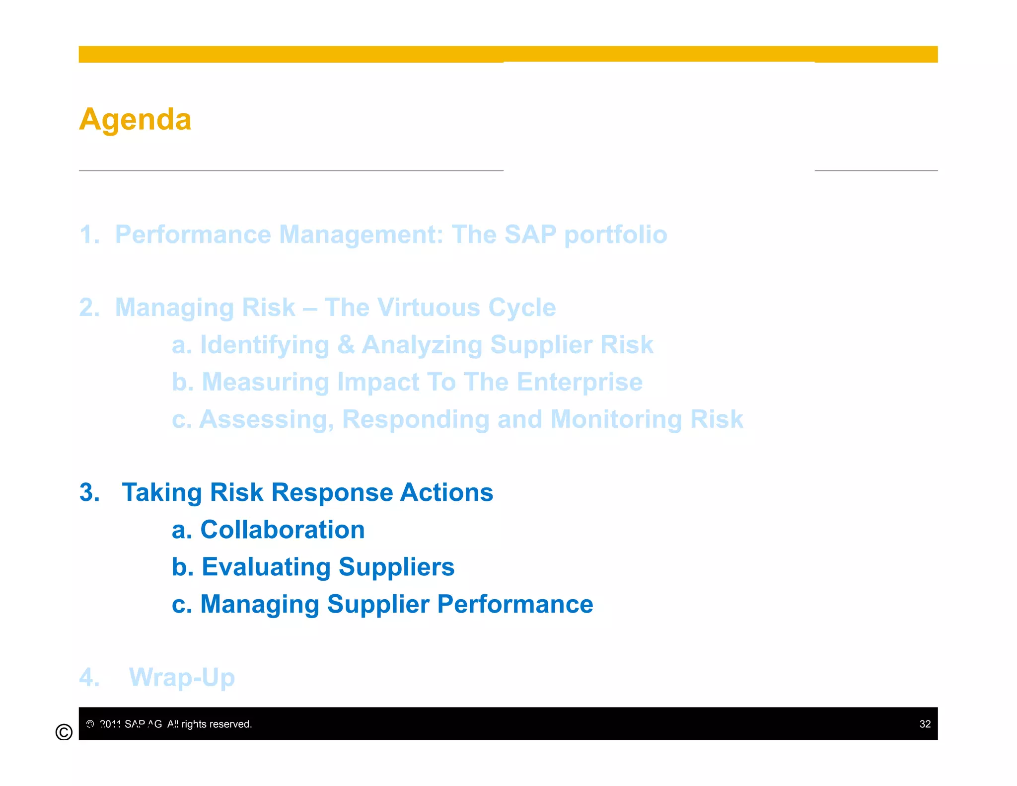 Agenda


  1.  Performance Management: The SAP portfolio

  2.  Managing Risk – The Virtuous Cycle
         a. Identifying & Analyzing Supplier Risk
         b. Measuring Impact To The Enterprise
         c. Assessing, Responding and Monitoring Risk

  3.  Taking Risk Response Actions
          a. Collaboration
          b. Evaluating Suppliers
          c. Managing Supplier Performance

  4.       Wrap-Up
  ©  2011 SAP AG. All rights reserved.                  32
© SAP 2010 /
32
 