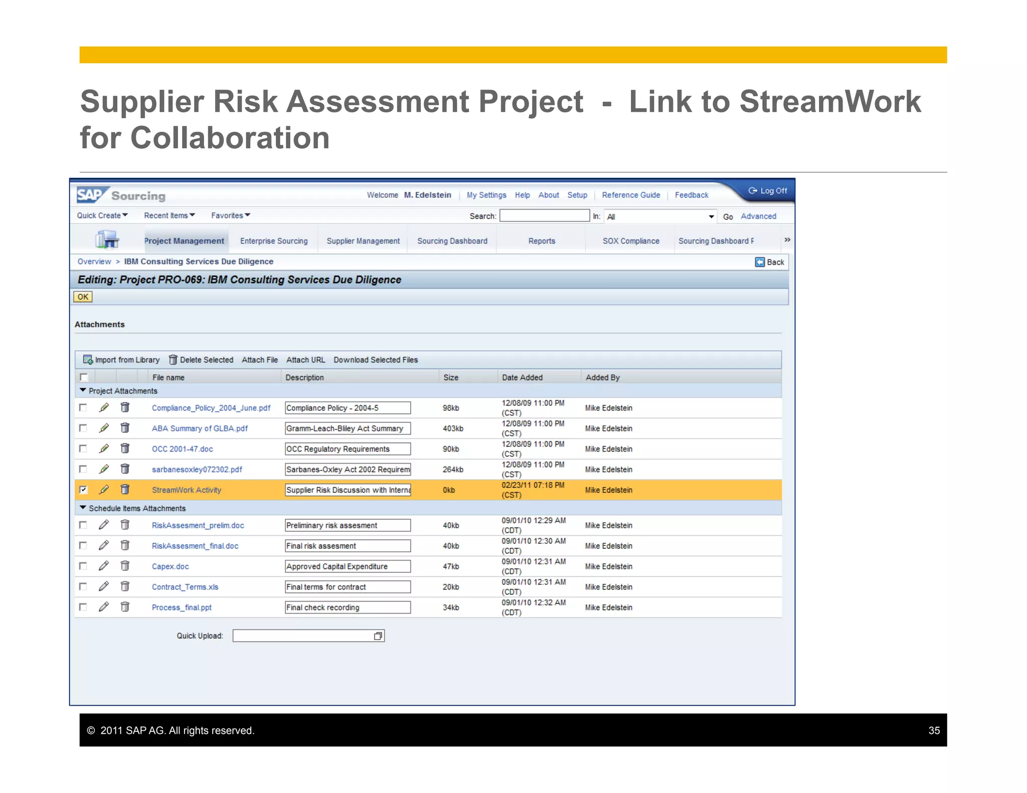 Supplier Risk Assessment Project - Link to StreamWork
for Collaboration




©  2011 SAP AG. All rights reserved.                    35
 