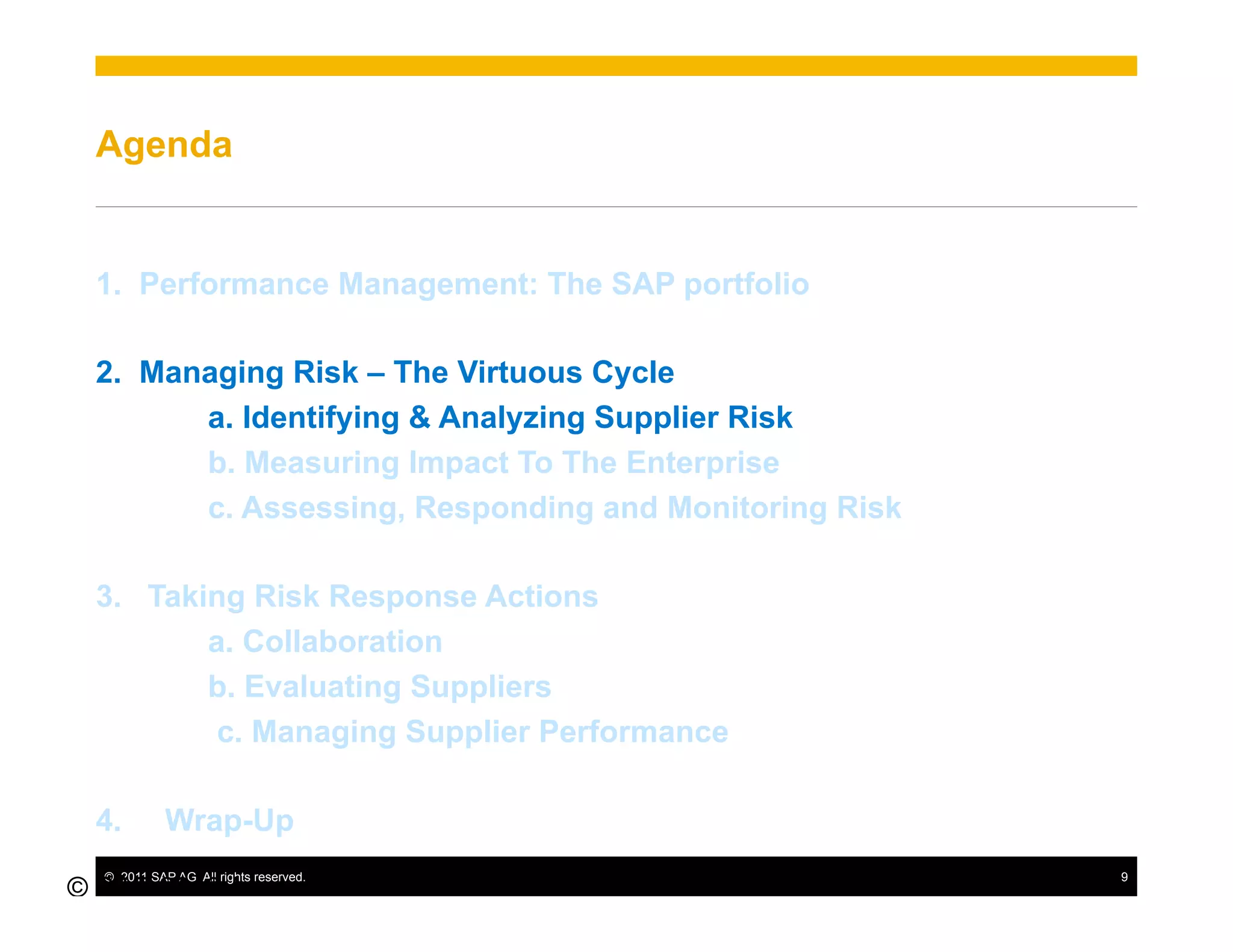 Agenda


  1.  Performance Management: The SAP portfolio

  2.  Managing Risk – The Virtuous Cycle
         a. Identifying & Analyzing Supplier Risk
         b. Measuring Impact To The Enterprise
         c. Assessing, Responding and Monitoring Risk

  3.  Taking Risk Response Actions
          a. Collaboration
          b. Evaluating Suppliers
           c. Managing Supplier Performance

  4.        Wrap-Up
  ©  2011 SAP AG. All rights reserved.                  9
© SAP 2010 /
9
 