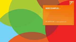 © Copyright 2007-2014 SAPTA Innovation Design and Consulting Pvt. Ltd. 
©	
  SAPTA	
  IDC	
  	
  |	
  www.saptaidc.com	
  	
  	
  
MORE EXAMPLES…
 