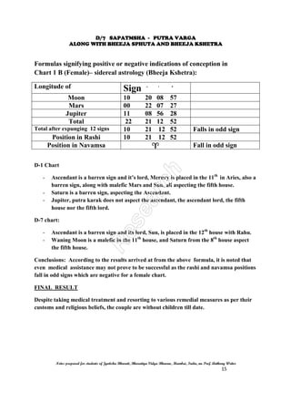 D/7 SAPATMSHA - PUTRA VARGA
ALONG WITH BHEEJA SPHUTA AND BHEEJA KSHETRA
Notes prepared for students of Jyotisha Bharati, Bharatiya Vidya Bhavan, Mumbai, India, nu Prof. Anthony Writer
4
Child Birth Denied :
If the the lords of your 5th or 11th house occupy barren signs and if the lagna or ascendant
cusp falls in any of these barren signs, then child birth is denied.
Child birth may be delayed or denied if the lord of lagna, occupies a barren sign and
receives malefic aspects from any evil planets.
Formulas signifying positive or negative indications of conception in the male
and female horoscopes in sidereal astrology. The formula for the male chart
is known as Bheeja Sphutha while the formula for female chart is known as
Bheeja Kshetra.
Formula of finding Bheeja Sputha for the male chart:
a) Add the longitudes of the Sun, Venus and Jupiter
b) Then expunge the multiples of 12 signs from the total and name it “A”
c) Then find out the navamsa position of “A”.
How to find out the indications:
- If “A” falls in odd signs in both the rashi and navamsa positions, the
indications are positive.
- If the position of “A” falls in odd and even signs in either the rash or
navamsa positions, then it indicates that the native needs medical
assistance.
- If both the positions are in even signs, then it would difficult to have off
springs.
Formula of finding Bheeja Kshetra for the female chart:
a) Add the longitudes of the Moon, Mars and Jupiter
b) Then expunge the multiples of 12 signs from the total and name it “B”.
c) Then find out the navamsa position of “B”.
 