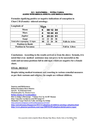D/7 SAPATMSHA - PUTRA VARGA
ALONG WITH BHEEJA SPHUTA AND BHEEJA KSHETRA
Notes prepared for students of Jyotisha Bharati, Bharatiya Vidya Bhavan, Mumbai, India, nu Prof. Anthony Writer
5
How to find out the indications:
- If “B” falls in Even signs in both the rashi and navamsa positions, the
indications are positive.
- If the position of “B” falls in odd and even signs in either the rash or
navamsa positions, then it indicates that the native needs medical
assistance.
If both the positions are in odd signs, then it would difficult to have off
springs.
 