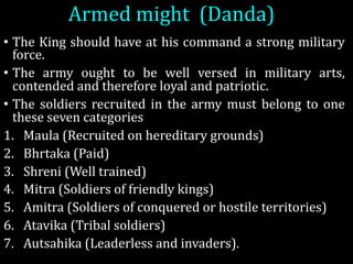 Armed	might (Danda)	
• The King should have at his command a strong military
force.
• The army ought to be well versed in military arts,
contended and therefore loyal and patriotic.
• The soldiers recruited in the army must belong to one
these seven categories
1. Maula (Recruited on hereditary grounds)
2. Bhrtaka (Paid)
3. Shreni (Well trained)
4. Mitra (Soldiers of friendly kings)
5. Amitra (Soldiers of conquered or hostile territories)
6. Atavika (Tribal soldiers)
7. Autsahika (Leaderless and invaders).
 
