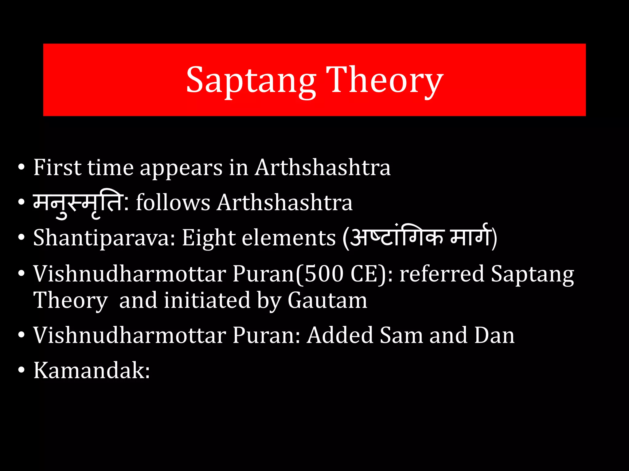 Saptang Theory
• First time appears in Arthshashtra
• मनुस्मृति: follows Arthshashtra
• Shantiparava: Eight elements (अष्टांगिक मटिग)
• Vishnudharmottar Puran(500 CE): referred Saptang
Theory and initiated by Gautam
• Vishnudharmottar Puran: Added Sam and Dan
• Kamandak:
 