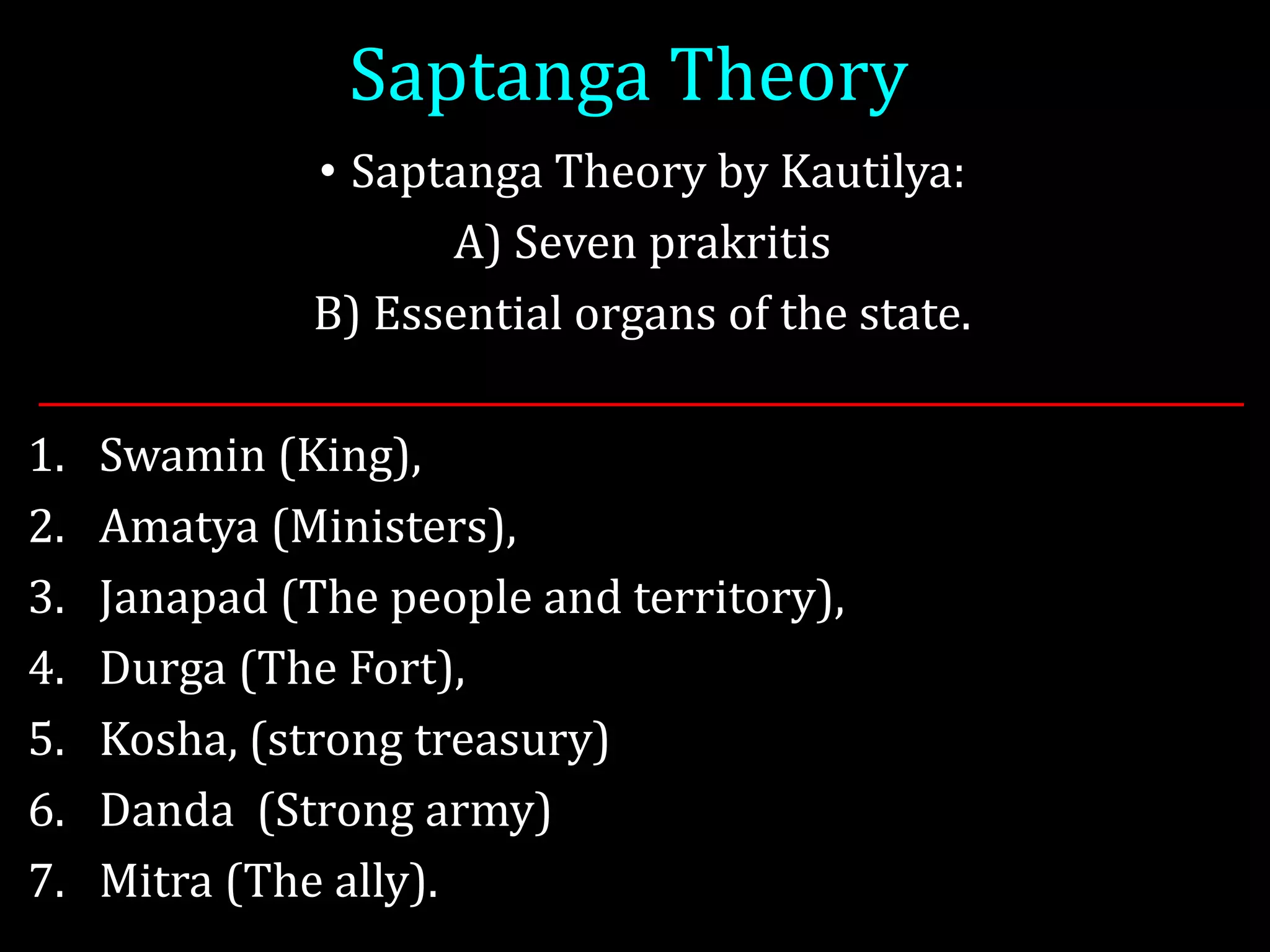 Saptanga Theory
• Saptanga Theory by Kautilya:
A) Seven prakritis
B) Essential organs of the state.
__________________________________________________________________
1. Swamin (King),
2. Amatya (Ministers),
3. Janapad (The people and territory),
4. Durga (The Fort),
5. Kosha, (strong treasury)
6. Danda (Strong army)
7. Mitra (The ally).
 
