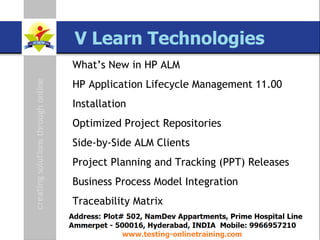 SAP TAO Live Training Presenter  Govind QA Lead [email_address] www.testing-onlinetraining.com What’s New in HP ALM HP Application Lifecycle Management 11.00 Installation Optimized Project Repositories Side-by-Side ALM Clients Project Planning and Tracking (PPT) Releases Business Process Model Integration Traceability Matrix 
