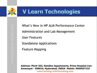 SAP TAO Live Training Presenter  Govind QA Lead [email_address] www.testing-onlinetraining.com What’s New in HP ALM Performance Center Administration and Lab Management User Features Standalone Applications Feature Mapping 