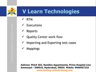 SAP TAO Live Training Presenter  Govind QA Lead [email_address] www.testing-onlinetraining.com RTM Executions Reports Quality Center work flow Importing and Exporting test cases Mappings 