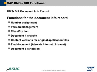 SAP DMS – DIR Functions


DMS- DIR Document Info Record

Functions for the document info record
 Number assignment
 Version management
 Classification
 Document hierarchy
 Content versions for original application files
 Find document (Also via Internet / Intranet)
 Document distribution




                           © SAP AG 2006, SAP TechEd ’06 / Session ID / ULM211
 