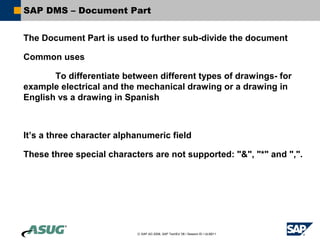 SAP DMS – Document Part


The Document Part is used to further sub-divide the document

Common uses

       To differentiate between different types of drawings- for
example electrical and the mechanical drawing or a drawing in
English vs a drawing in Spanish



It’s a three character alphanumeric field

These three special characters are not supported: "&", "*" and ",".




                           © SAP AG 2006, SAP TechEd ’06 / Session ID / ULM211
 