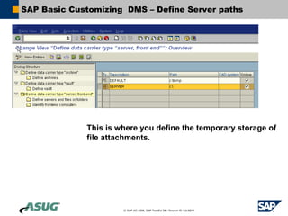 SAP Basic Customizing DMS – Define Server paths




             This is where you define the temporary storage of
             file attachments.




                      © SAP AG 2006, SAP TechEd ’06 / Session ID / ULM211
 
