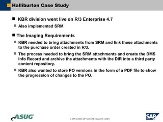 Halliburton Case Study

 KBR division went live on R/3 Enterprise 4.7
 Also implemented SRM

 The Imaging Requirements
 KBR needed to bring attachments from SRM and link these attachments
  to the purchase order created in R/3.
 The process needed to bring the SRM attachments and create the DMS
  Info Record and archive the attachments with the DIR into a third party
  content repository.
 KBR also wanted to store PO versions in the form of a PDF file to show
  the progression of changes to the PO.




                             © SAP AG 2006, SAP TechEd ’06 / Session ID / ULM211
 
