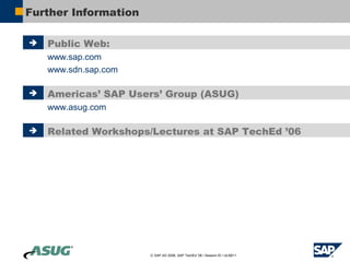 Further Information

   Public Web:
    www.sap.com
    www.sdn.sap.com

   Americas’ SAP Users’ Group (ASUG)
    www.asug.com

   Related Workshops/Lectures at SAP TechEd ’06




                      © SAP AG 2006, SAP TechEd ’06 / Session ID / ULM211
 