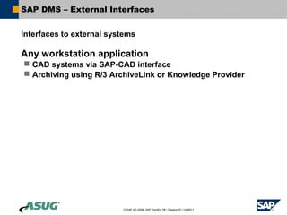 SAP DMS – External Interfaces


Interfaces to external systems

Any workstation application
 CAD systems via SAP-CAD interface
 Archiving using R/3 ArchiveLink or Knowledge Provider




                          © SAP AG 2006, SAP TechEd ’06 / Session ID / ULM211
 