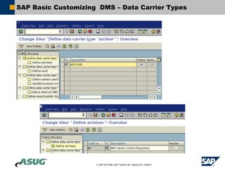 SAP Basic Customizing DMS – Data Carrier Types




                     © SAP AG 2006, SAP TechEd ’06 / Session ID / ULM211
 