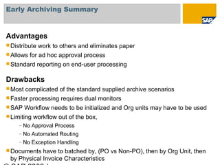 Early Archiving Summary


Advantages
 Distribute   work to others and eliminates paper
 Allows   for ad hoc approval pro...