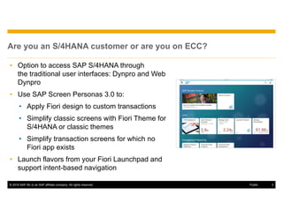 © 2016 SAP SE or an SAP affiliate company. All rights reserved. 3Public
Are you an S/4HANA customer or are you on ECC?
• Option to access SAP S/4HANA through
the traditional user interfaces: Dynpro and Web
Dynpro
• Use SAP Screen Personas 3.0 to:
• Apply Fiori design to custom transactions
• Simplify classic screens with Fiori Theme for
S/4HANA or classic themes
• Simplify transaction screens for which no
Fiori app exists
• Launch flavors from your Fiori Launchpad and
support intent-based navigation
 