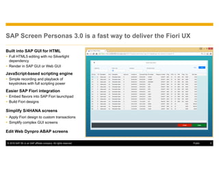 © 2016 SAP SE or an SAP affiliate company. All rights reserved. 5Public
SAP Screen Personas 3.0 is a fast way to deliver the Fiori UX
Built into SAP GUI for HTML
 Full HTML5 editing with no Silverlight
dependency
 Render in SAP GUI or Web GUI
JavaScript-based scripting engine
 Simple recording and playback of
keystrokes with full scripting power
Easier SAP Fiori integration
 Embed flavors into SAP Fiori launchpad
 Build Fiori designs
Simplify S/4HANA screens
 Apply Fiori design to custom transactions
 Simplify complex GUI screens
Edit Web Dynpro ABAP screens
 