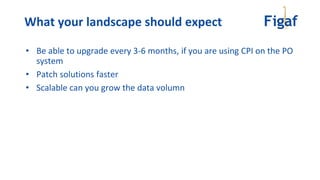 • Be able to upgrade every 3-6 months, if you are using CPI on the PO
system
• Patch solutions faster
• Scalable can you grow the data volumn
What your landscape should expect
 