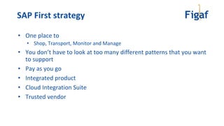 • One place to
• Shop, Transport, Monitor and Manage
• You don’t have to look at too many different patterns that you want
to support
• Pay as you go
• Integrated product
• Cloud Integration Suite
• Trusted vendor
SAP First strategy
 