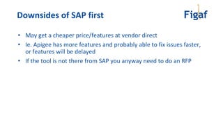 • May get a cheaper price/features at vendor direct
• Ie. Apigee has more features and probably able to fix issues faster,
or features will be delayed
• If the tool is not there from SAP you anyway need to do an RFP
Downsides of SAP first
 