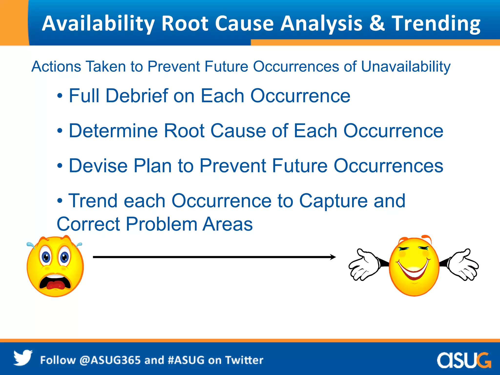 Availability Root Cause Analysis & Trending 
Actions Taken to Prevent Future Occurrences of Unavailability 
• Full Debrief on Each Occurrence 
• Determine Root Cause of Each Occurrence 
• Devise Plan to Prevent Future Occurrences 
• Trend each Occurrence to Capture and 
Correct Problem Areas 
 