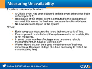 Measuring Unavailability 
A system is unavailable when: 
 A Critical event has been declared (critical event criteria has been 
defined per SLA) 
 Root cause of the critical event is attributed to the Basis area of 
responsibility versus the business process or functionality layer. 
 No new users can log on to the system 
Notes: 
 Each key group measures the hours their resource is off line. 
 If a component has failed and the system remains accessible, this 
is not measured. 
 In some cases number of outages may be a more reliable 
measurement than hours of unavailability 
 Worker Hours lost can be a good measurement of business 
impact (e.g. Resource Outage plus time necessary to restart the 
manufacturing line). 
 