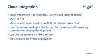 © Figaf 2017
• Cloud Integration is (CPI aka HCI) is SAP cloud integration tool
• Much like PI
• More flexible so no need to do BPM for techinal properties
• Has content to cloud apps like SuccessFactor, Ariba and E-Invoicing
scenarios to speedup development
• Can use the content on PI/PO system
• Most know is for hybrid deployment
Cloud Integration
 