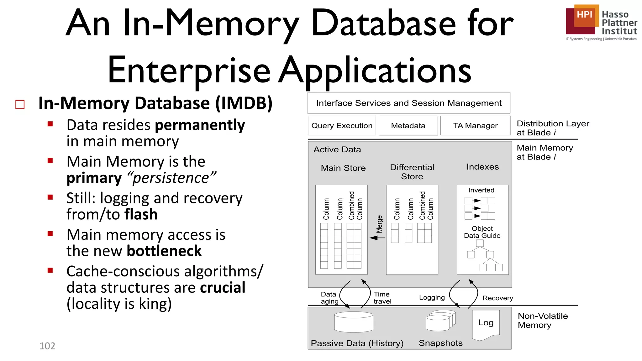 An In-Memory Database for Enterprise Applications □ In-Memory Database (IMDB)  Data resides permanently in main memory  Main Memory is the primary “persistence”  Still: logging and recovery from/to flash  Main memory access is the new bottleneck  Cache-conscious algorithms/ data structures are crucial (locality is king) 102 Main Memory at Blade i Log SnapshotsPassive Data (History) Non-Volatile Memory RecoveryLogging Time travel Data aging Query Execution Metadata TA Manager Interface Services and Session Management Distribution Layer at Blade i Main Store Differential Store Active Data Merge Column Column Combined Column Column Column Combined Column Indexes Inverted Object Data Guide 