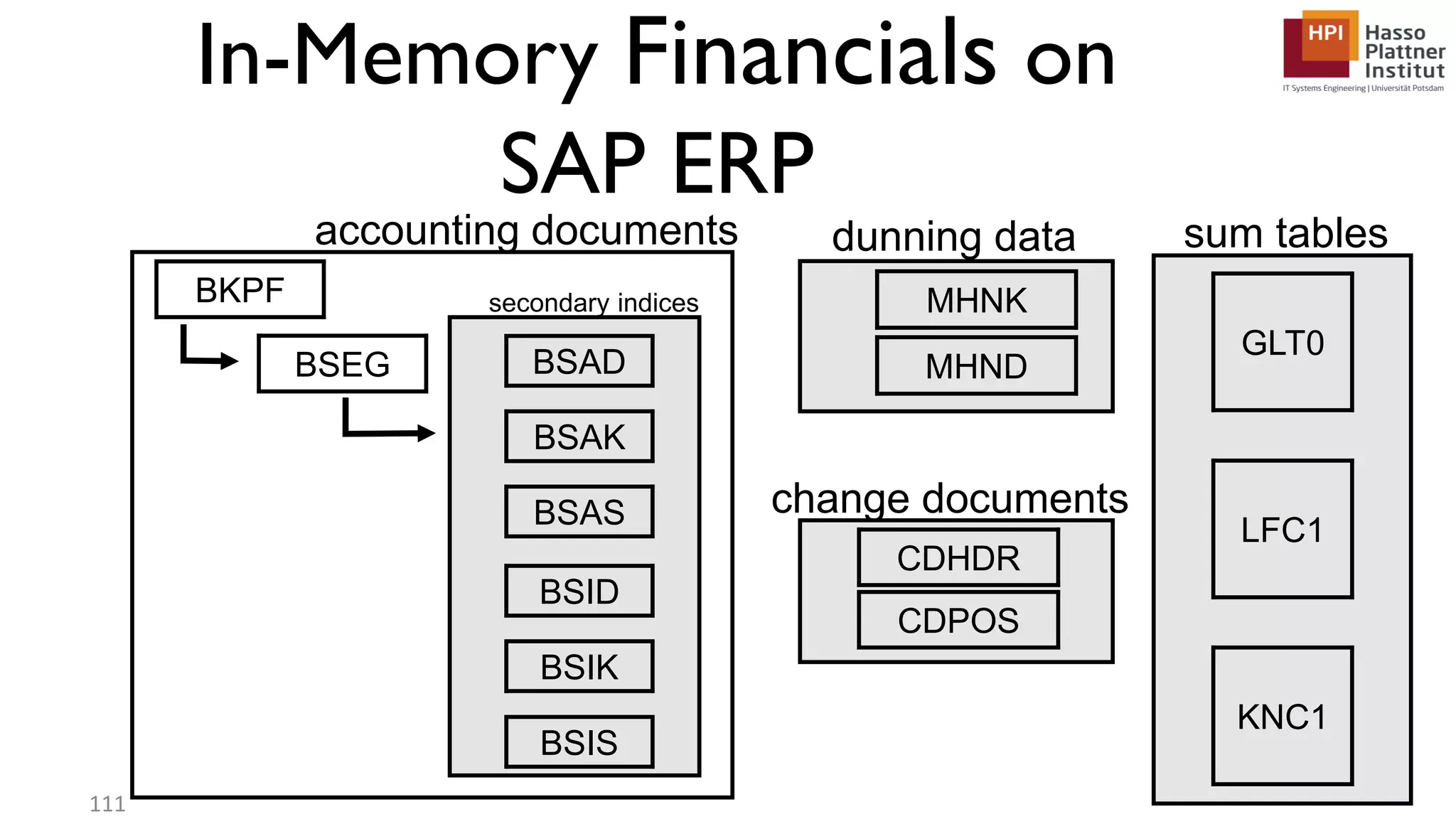 BKPF accounting documents BSEG sum tables secondary indices dunning data change documents CDHDR CDPOS MHNK MHNDBSAD BSAK BSAS BSID BSIK BSIS LFC1 KNC1 GLT0 111 In-Memory Financials on SAP ERP 