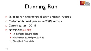 Dunning Run
□ Dunning run determines all open and due invoices
□ Customer defined queries on 250M records
□ Current system: 20 min
□ New logic: 1.5 sec
 In-memory column store
 Parallelized stored procedures
 Simplified Financials
115
 