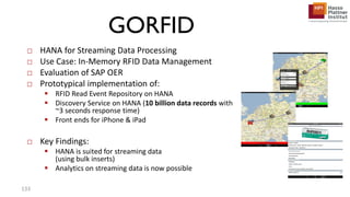GORFID
□ HANA for Streaming Data Processing
□ Use Case: In-Memory RFID Data Management
□ Evaluation of SAP OER
□ Prototypical implementation of:
 RFID Read Event Repository on HANA
 Discovery Service on HANA (10 billion data records with
~3 seconds response time)
 Front ends for iPhone & iPad
□ Key Findings:
 HANA is suited for streaming data
(using bulk inserts)
 Analytics on streaming data is now possible
133
 