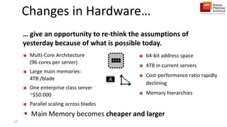 A
Changes in Hardware…
… give an opportunity to re-think the assumptions of
yesterday because of what is possible today.
 Main Memory becomes cheaper and larger
■ Multi-Core Architecture
(96 cores per server)
■ Large main memories:
4TB /blade
■ One enterprise class server
~$50.000
■ Parallel scaling across blades
■ 64-bit address space
■ 4TB in current servers
■ Cost-performance ratio rapidly
declining
■ Memory hierarchies
17
 