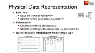 Physical Data Representation
 Row store:
 Rows are stored consecutively
 Optimal for row-wise access (e.g. SELECT *)
 Column store:
 Columns are stored consecutively
 Optimal for attribute focused access (e.g. SUM, GROUP BY)
 Note: concept is independent from storage type
+
28
Doc
Num
Doc
Date
Sold-
To
Value
Status
Sales
Org
Row
4
Row
3
Row
2
Row
1
Row-Store Column-store
 