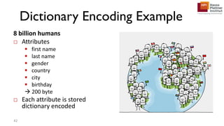 Dictionary Encoding Example
8 billion humans
□ Attributes
 first name
 last name
 gender
 country
 city
 birthday
 200 byte
□ Each attribute is stored
dictionary encoded
42
 