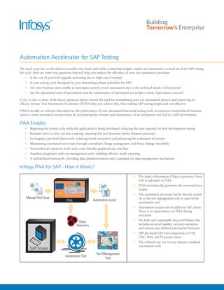 Automation Accelerator for SAP Testing
The need to go live, in the shortest possible time frame and while conserving budgets, makes test automaton a critical art of the SAP testing
life cycle. Here are some vital questions that will help you analyze the efficiency of your test automation processes:
   •	 Is the cost of your SAP upgrade increasing due to high cost of testing?
   •	 Is your testing cycle disrupted by your demanding release schedules for SAP?
   •	 Are your business users unable to participate actively in test automation due to the technical nature of the process?
   •	 Are the operational costs of automation and the maintenance of automated test scripts a cause of persistent concern?

A ‘yes’ to one or more of the above questions points toward the need for streamlining your test automation process and improving its
efficacy. Infosys’ Test Automation Accelerator (ITAA) helps you achieve this, thus making SAP testing simple and cost effective.

ITAA is an add-on software that improves the performance of your automated functional testing tools. It empowers nontechnical business
users to create automated test processes by accelerating the creation and maintenance of an automation test bed in a SAP environment.

ITAA Enables
   •	 Beginning the testing cycle while the application is being developed, reducing the time required for post development testing
   •	 Business users to carry out test scripting, ensuring that test processes mirror business processes
   •	 Leveraging a pre-built framework, reducing initial investment and advancing the realization of returns
   •	 Maintaining automated test scripts through centralized change management and better change tractability
   •	 Non-technical experts to work with a user friendly graphical user interface
   •	 Seamless integration with test management tools, enabling effective result reporting
   •	 A well-defined framework, providing data parameterization and a standard test data management mechanism

Infosys ITAA for SAP - How it Works?
                                                                                       •	 The object information (Object repository) from
                                                                                          SAP is uploaded to ITAA
                                                                                       •	 ITAA automatically generates the automated test
                                                                                          scripts
                                                                                       •	 The automated test script can be directly stored
                                                                                          on to the test management tool or used in the
                                                                                          automation tool
                                                                                       •	 Automation scripts run on different SAP clients.
                                                                                          There is no dependency on ITAA during
                                                                                          execution
                                                                                       •	 Pre-built and expandable Keyword library that
                                                                                          includes an error handler, recovery scenarios,
                                                                                          and various user defined checkpoint functions
                                                                                       •	 500 pre-build SAP test components in P2P,
                                                                                          OTC, WM, and FI process areas
                                                                                       •	 The solution can run on any industry standard
                                                                                          automation tools
 