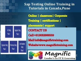 Sap Testing Online Training in
Tutorials in Canada,Pune
Online | classroom| Corporate
Training | certifications |
placements| support
CONTACT US
Call:+919052666559
Mail:info@magnifictraining.com
Website:www.magnifictraining.com
 