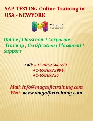 SAP TESTING Online Training in
USA - NEWYORK

Online | Classroom | Corporate
Training | Certification | Placement |
Support
CONTACT US

Call: +91-9052666559 ,
+1-6786933994,
+1-67869334

Mail: info@magnifictraining.com
Visit: www.magnifictraining.com

 