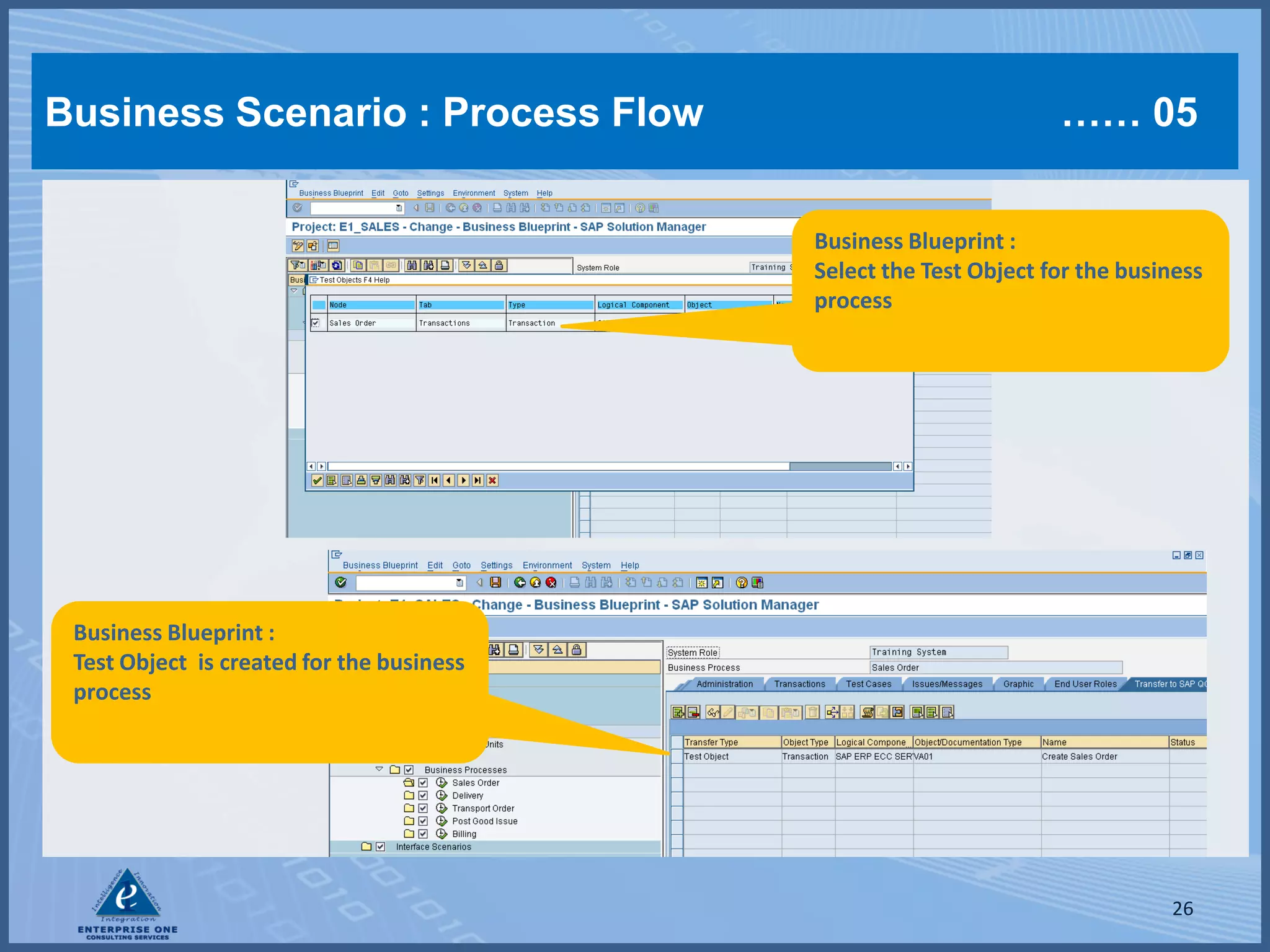 Business Scenario : Process Flow                                   …… 05


                                           Business Blueprint :
                                           Select the Test Object for the business
                                           process




 Business Blueprint :
 Test Object is created for the business
 process




                                                                              26
 