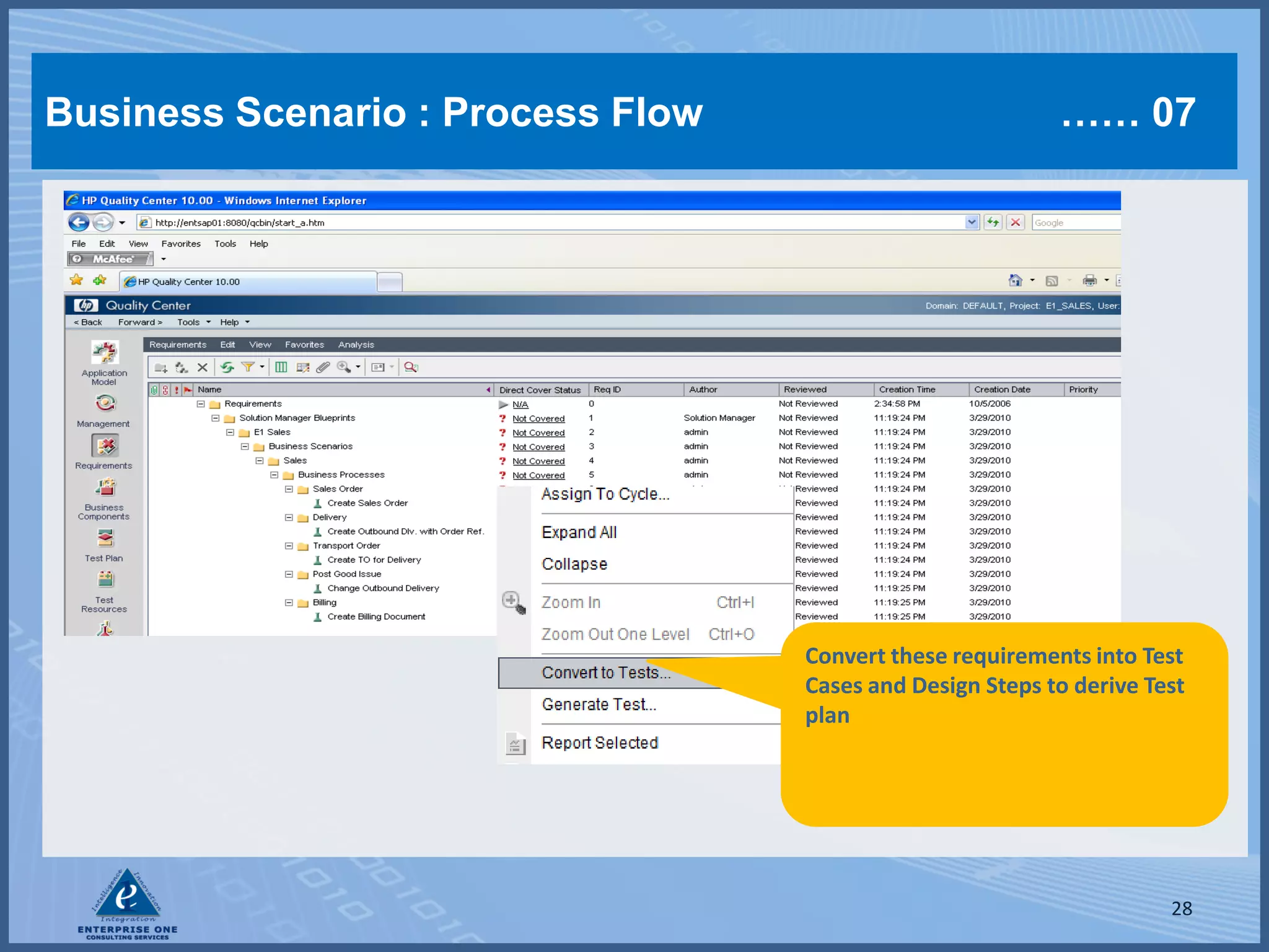Business Scenario : Process Flow                                      …… 07



                          All the Test Object from SAP SolMan
                          are transferred as Requirements in
                          SAP Quality Center




                                              Convert these requirements into Test
                                              Cases and Design Steps to derive Test
                                              plan




                                                                                 28
 