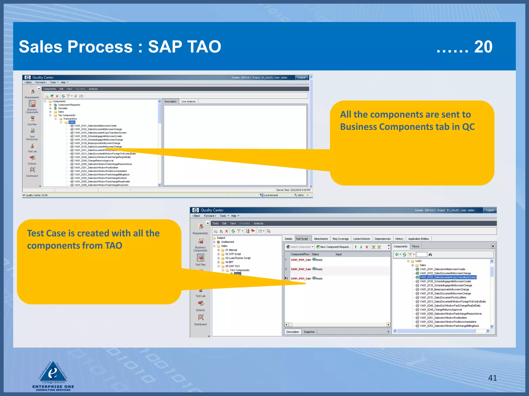 Sales Process : SAP TAO                                  …… 20


                                    All the components are sent to
                                    Business Components tab in QC




Test Case is created with all the
components from TAO




                                                                     41
 