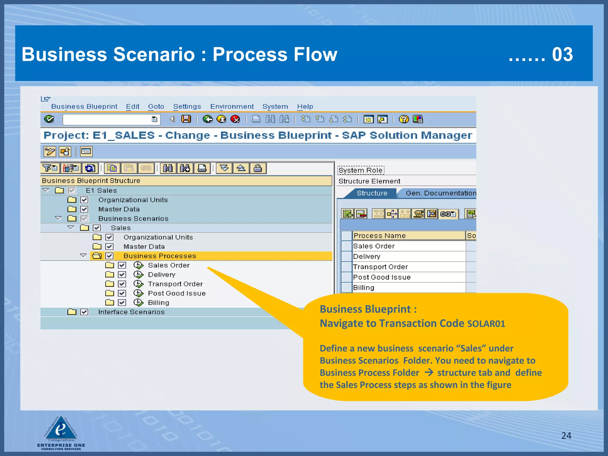 Business Scenario : Process Flow

…… 03

Business Blueprint :
Navigate to Transaction Code SOLAR01
Define a new business scenario “Sales” under
Business Scenarios Folder. You need to navigate to
Business Process Folder  structure tab and define
the Sales Process steps as shown in the figure

24

 